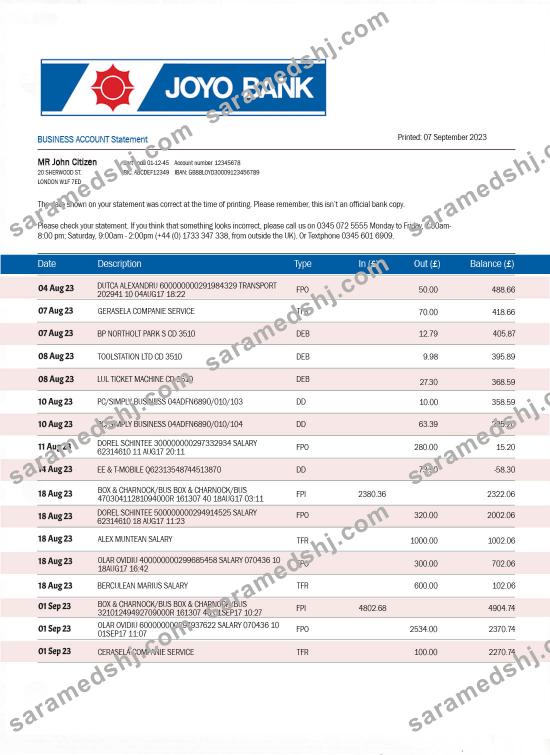 JOYO Bank bank statement